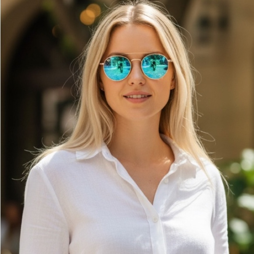 NWOT Ray-Ban Gold Frame Sunglasses with Blue Lenses